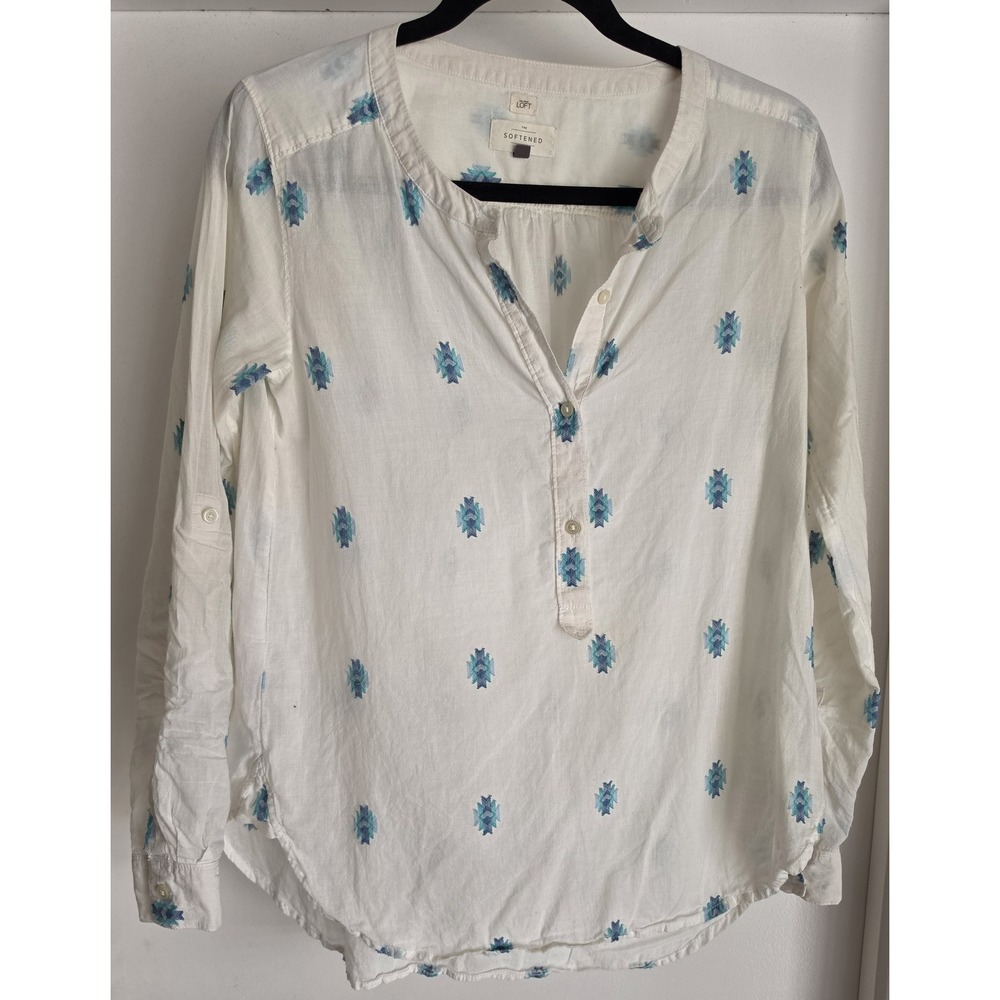 LOFT Blouse XS White Blue Geometric Collared Long Sleeve Button-Up Top Shirt